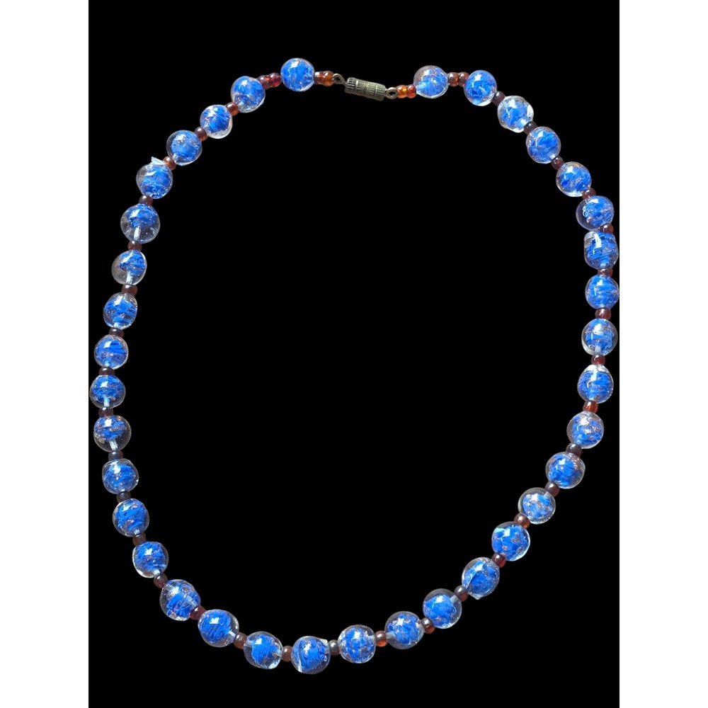 Antique Murano Venetian Glass Sommerso Beads Necklace Blue Gold Aventurine 17"